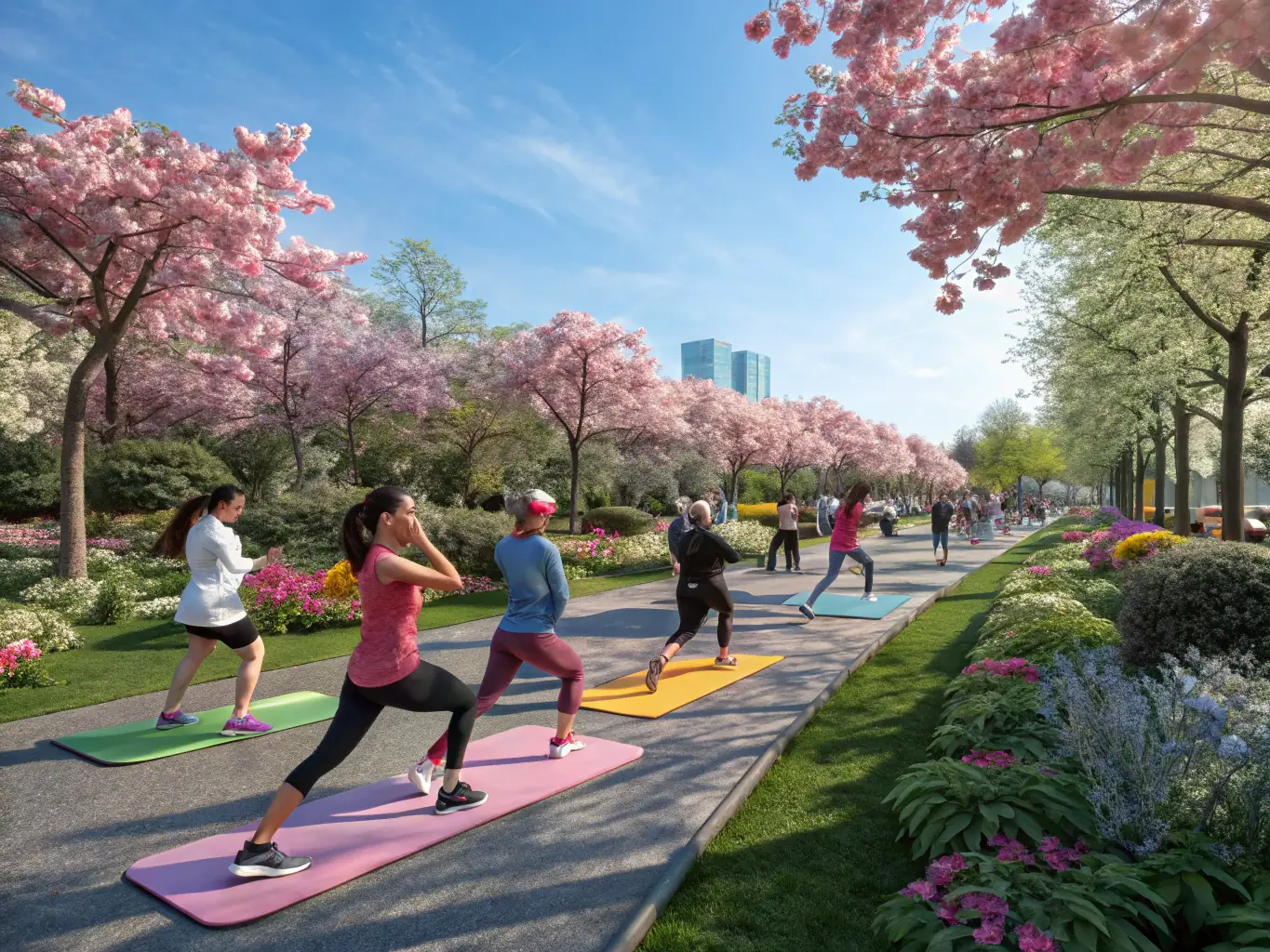 Adults participating in a group fitness class outdoors, performing various exercises under the guidance of a certified instructor. The setting is a park with lush greenery.