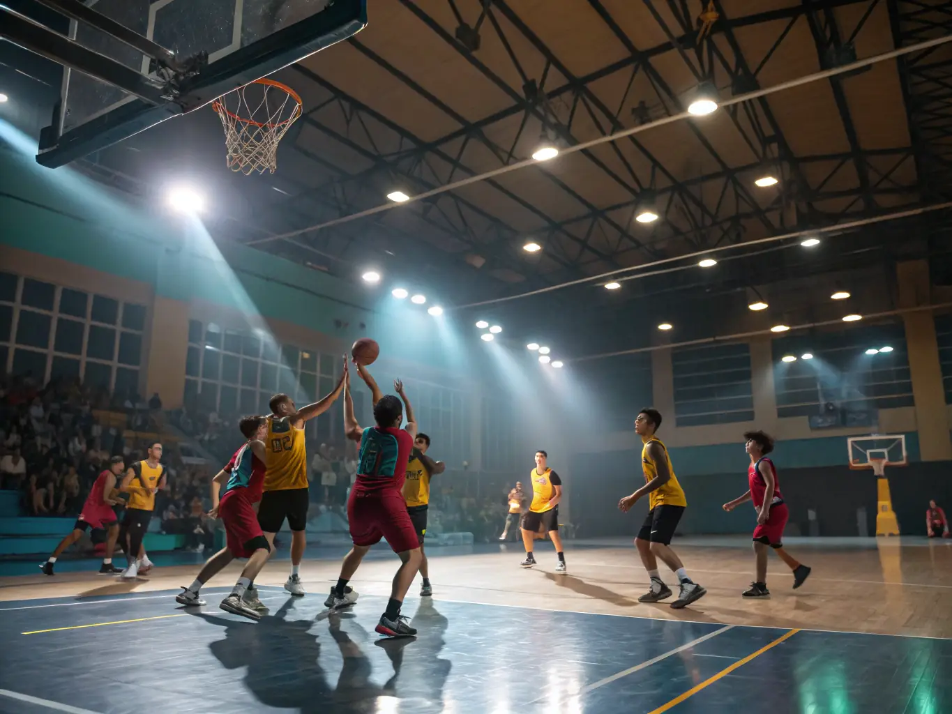 A photograph of a group of teenagers playing basketball in an indoor gymnasium, showcasing teamwork and competitive spirit.
