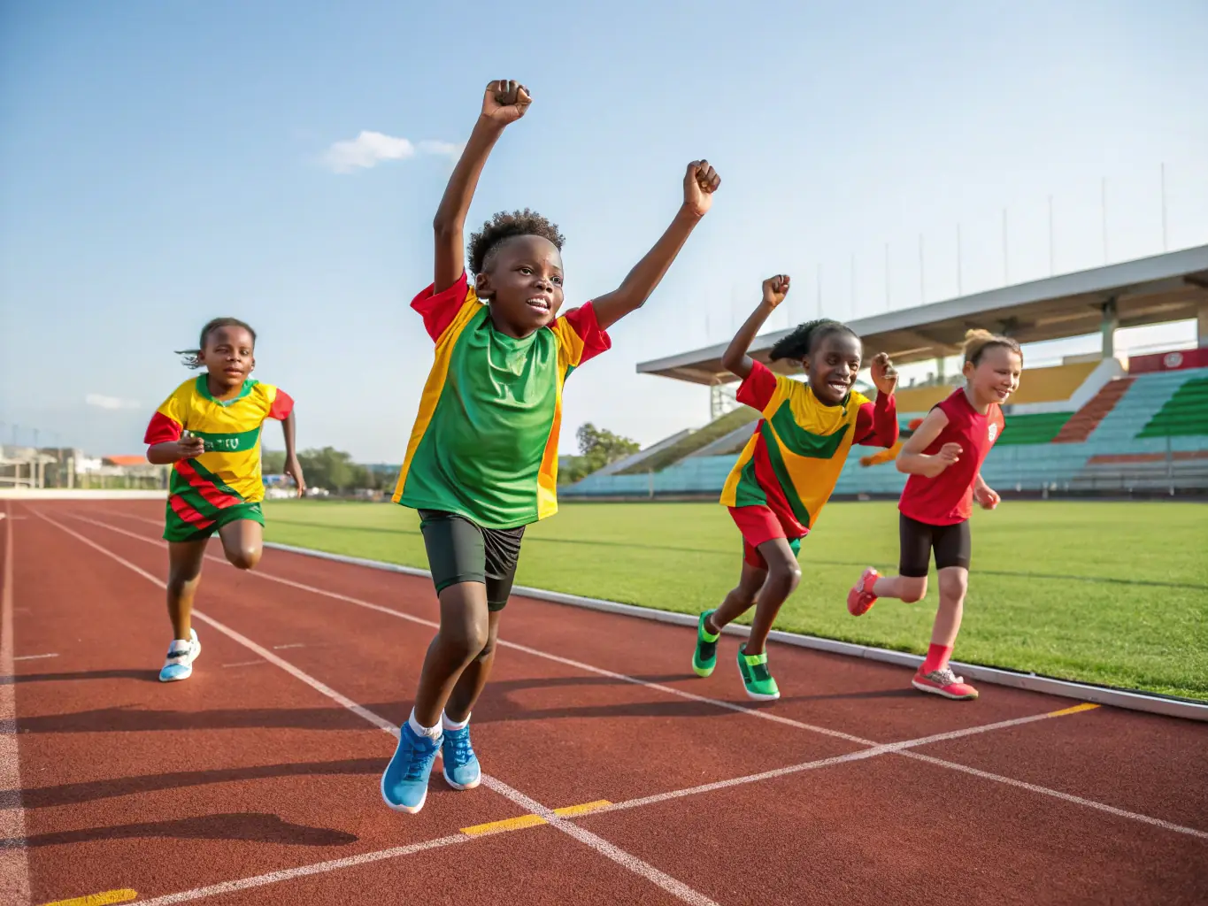 A dynamic image showing children participating in a track and field event, with coaches and parents cheering them on. The scene captures the energy and excitement of youth athletics.