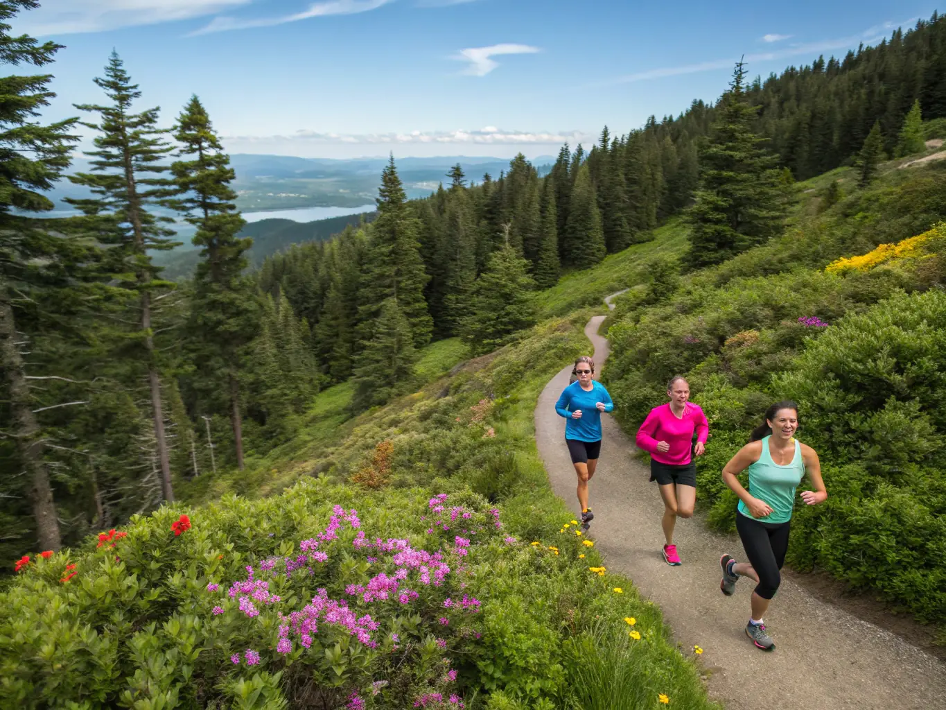 An image of adults participating in a marathon, running through a scenic route with spectators cheering. The photo conveys the sense of community and personal achievement.