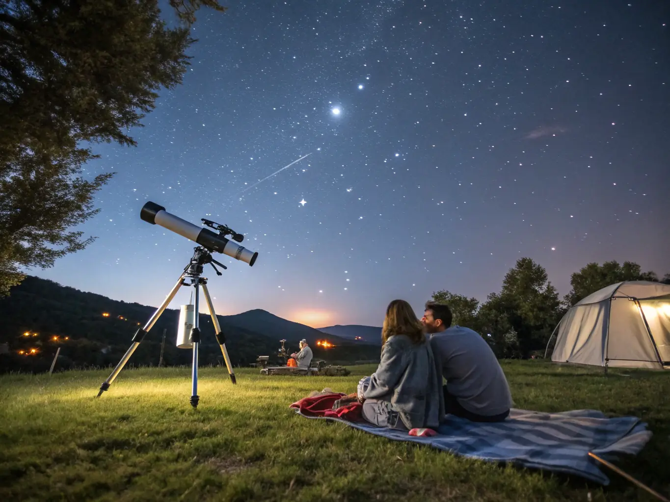 A group of people gathered around telescopes at night, observing the stars during an ASTRO VERDON stargazing event near Sainte-Croix lake. The image should convey a sense of wonder and community.