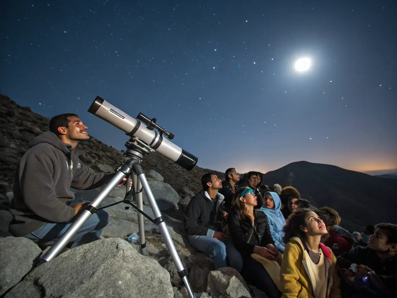 A group of people of all ages looking through telescopes at a night sky filled with stars during a stargazing event organized by ASTRO VERDON near Sainte-Croix lake.