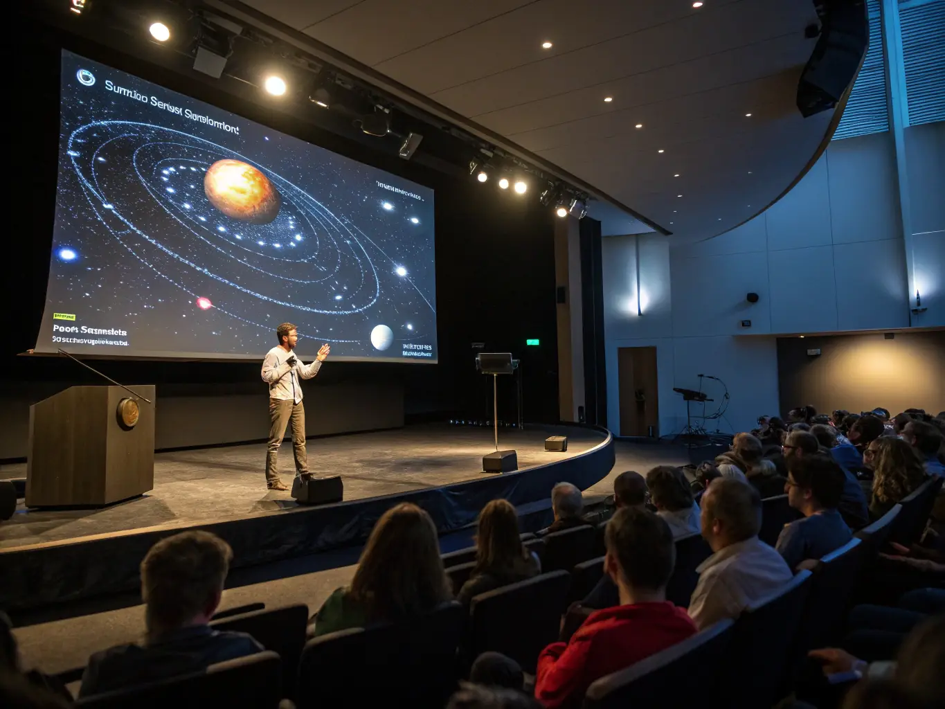 A classroom setting with children and adults participating in an interactive astronomy workshop led by an instructor from ASTRO VERDON.