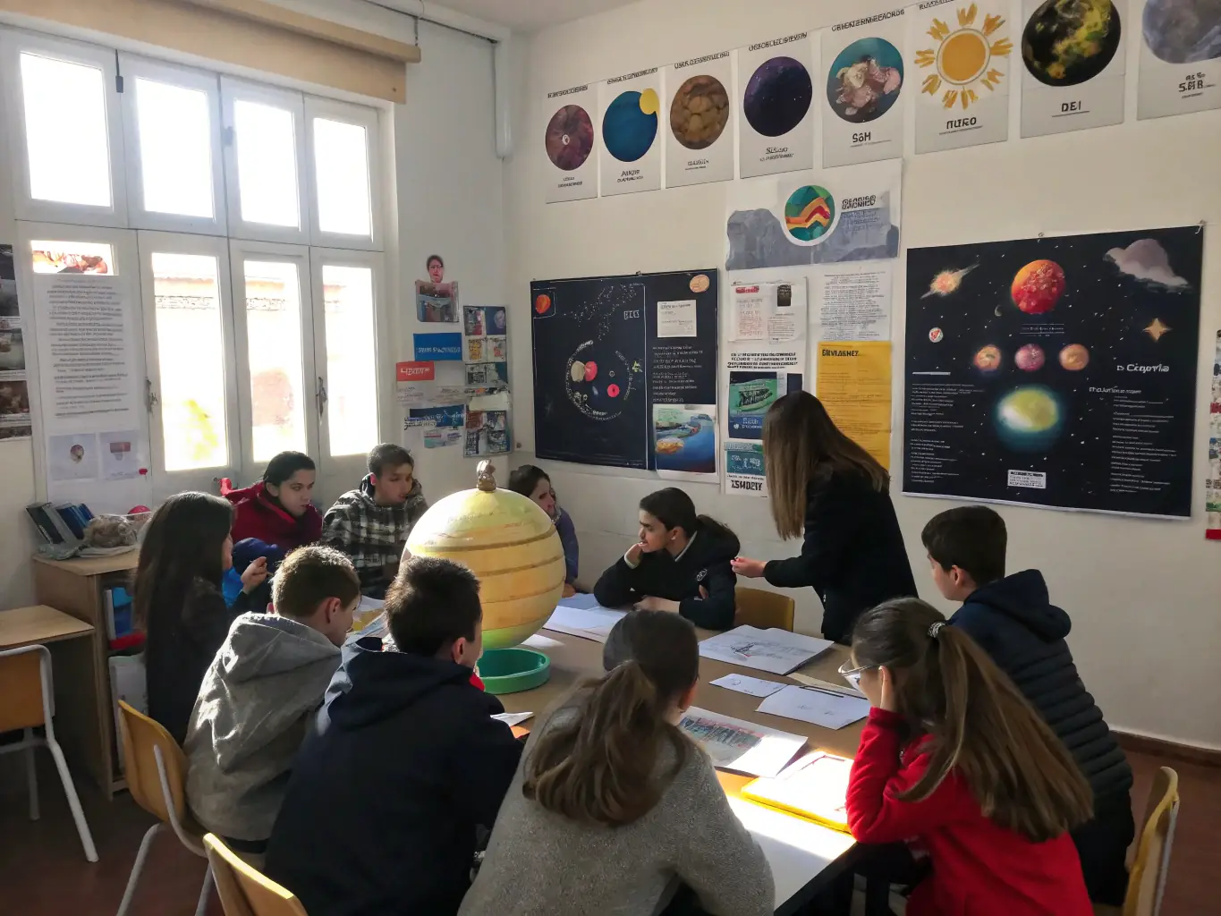 A classroom setting with children participating in an interactive astronomy workshop led by an ASTRO VERDON instructor. The image should highlight hands-on learning and engagement.